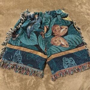 Blue Bermudas with Embroidered Design and Decorative Fringe